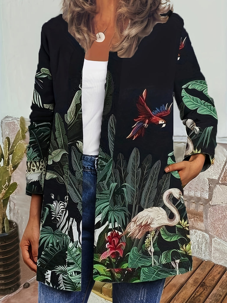 kkboxly  Plus Size Casual Coat, Women's Plus Tropical & Animal Print Long Sleeve Open Front Cardigan