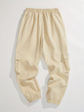 Kid's Trendy Patched Cargo Pants, Elastic Waist Trousers With Pockets, Boy's Clothes For All Seasons