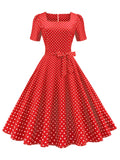 kkboxly  Polka Dot Bow Front Dress, Vintage Elegant Square Neck Short Sleeve Dress, Women's Clothing