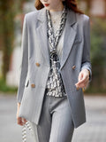 kkboxly  Solid Double Breasted Blazer, Casual Long Sleeve Lapel Blazer For Work, Women's Clothing