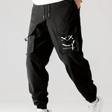 kkboxly  Smile Print, Men's Drawstring Cargo Pants, Flap Pocket Loose Trendy Jogger Pants, Mens Work Pants