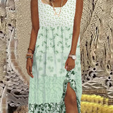 kkboxly  Plus Size Elegant Dress, Women's Plus Colorblock Ditsy Floral Print Round Neck Tank Dress