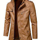 kkboxly  Vintage Style PU Jacket, Men's Casual Warm Fleece Zip Up Faux Leather Jacket