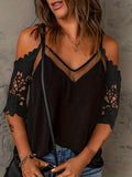 kkboxly   Lace Sleeve Cold Shoulder Blouse, Casual Spaghetti Solid V Neck Blouse, Women's Clothing