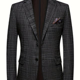 kkboxly Men's Semi-formal Thin Plaid Blazer, Chic Two Button Lapel Suit Jacket For Spring Fall