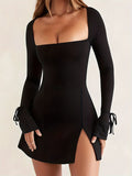 kkboxly  Squared Neck Split Dress, Club Wear Solid Bodycon Mini Dress, Women's Clothing