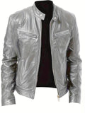 kkboxly  Zipper Pockets PU Jacket, Men's Casual Solid Color Zip Up Stand Collar Faux Leather Jacket For Spring Fall