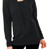 Solid Plunging Knit Sweater, Casual Long Sleeve Simple Sweater, Women's Clothing