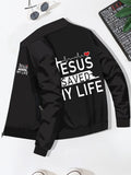 kkboxly Plus Size Men's "Jesus" & Flowers Print Baseball Jacket Oversized Band Collar Jacket For Fall Winter, Men's Clothing