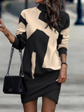kkboxly  Long Sleeve Two Tone Turtleneck Dress, Casual Every Day Dress For Fall & Winter, Women's Clothing