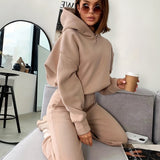 kkboxly  2pcs Solid Color Casual Suits, Long Sleeve Hooded Sweatshirts & High Waist Slant Pockets Jogger Pants Set, Women's Clothing
