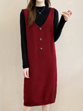 kkboxly  Solid Button Decor V Neck Knitted Dress, Elegant Sleeveless Tank Dress For Fall & Winter, Women's Clothing