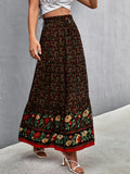 kkboxly  Boho Ditsy Floral Print High Waist Skirt, Boho Pleated Drawstring A Line Skirt, Women's Clothing