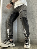 kkboxly  Letter Cargo Jeans, Men's Casual Street Style Solid Color Slightly Stretch Denim Joggers For Spring Summer