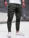 Trendy Solid Drawstring Cargo Pants, Men's Multi Flap Pocket Trousers, Loose Casual Outdoor Pants, Men's Work Pants Outdoors Streetwear Hip Hop Style