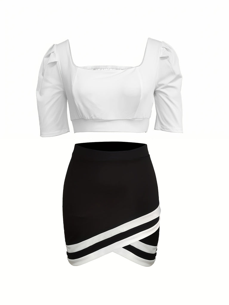 kkboxly  Casual Two-piece Skirt Set, Square Neck Crop Top & Color Block Skirt Outfits, Women's Clothing