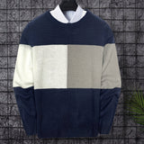 kkboxly  All Match Knitted Color Block Sweater, Men's Casual Warm Slightly Stretch Crew Neck Pullover Sweater For Fall Winter Varsity College Preppy Style