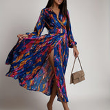 kkboxly Full Printed Surplice Neck Dress, Boho Long Sleeve Maxi Dress, Women's Clothing