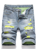 kkboxly  Yellow Green Ripped Denim Shorts, Men's Casual Street Style Distressed Mid Stretch Denim Shorts For Summer