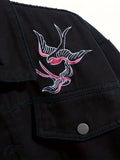 kkboxly  Bird Embroidery Denim Jacket, Men's Casual Flap Pocket Button Up Jacket For Fall Winter