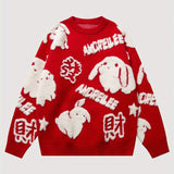 kkboxly  YWFG All Match Knitted Cute Rabbit & Wealth Chenille Embroidery Sweater, Men's Casual Warm Slightly Stretch Crew Neck Pullover Sweater For Men Fall Winter