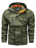 kkboxly  Multi Pocket Hooded Windbreaker Jacket, Men's Casual Quick Drying Military Jacket Coat For Fall Winter Outdoor Activities
