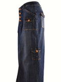Blue Flap Pockets Cargo Denim Maxi Skirt, Raw Hem Single-Breasted Button Retro Denim Skirt, Women's Denim Clothing