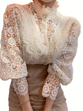 kkboxly  Women's Blouse Lace Puff Sleeve Lantern Sleeve Solid Pleated Women Blouse