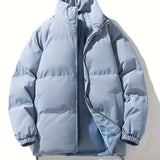 kkboxly Men's Stylish Solid Puffer Coat With Pockets, Casual Breathable Stand Collar Zip Up Long Sleeve Warm Top For City Walk Street Hanging Winter Outdoor Activities