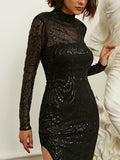 kkboxly  Sequined Mock Neck Bridesmaid Dress, Elegant Long Sleeve Split Dress For Party & Banquet, Women's Clothing