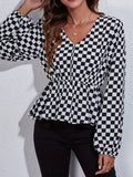 kkboxly  Plaid Lantern Sleeve Blouse, V Neck Long Sleeve Blouse, Elegant & Stylish Tops For Office & Work, Women's Clothing
