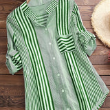 kkboxly  Plus Size Casual Blouse, Women's Plus Stripe Print Button Up Roll Up Sleeve Stand Collar Round Hem Slight Stretch Blouse