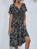 kkboxly  Floral Print V Neck Boho Dress, Slim Short Sleeve Casual Party Dress For Summer & Spring, Women's Clothing