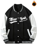 kkboxly  Men's "NEW YORK" Print Fleece Lightweight Varsity Jackets, Trendy Color Block Baseball Jacket, Thermal Outerwear Men's Clothes Fall Winter