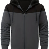 kkboxly  Warm Thick Fleece Lined Coat Solid Color Men's Hooded Jacket Fleece Lined Casual Long Sleeve Sherpa Lined Hoodies With Zipper Hooded Coat For Autumn Winter