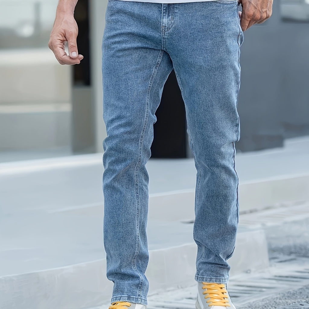 kkboxly  Straight Leg Cotton Jeans, Men's Casual Street Style Classic Design Solid Color Mid Stretch Denim Pants For Spring Summer