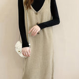 kkboxly  Solid Button Decor V Neck Knitted Dress, Elegant Sleeveless Tank Dress For Fall & Winter, Women's Clothing