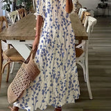 Kkboxly  Ikat Print Drawstring Dress, Boho Ruffle Trim V Neck Half Sleeve Summer Dress, Women's Clothing