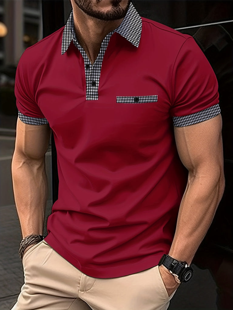 kkboxly  Houndstooth Casual Slightly Stretch Button Up Short Sleeve Polo Shirt, Men's Polo For Summer