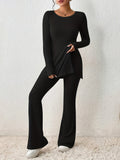 kkboxly  Solid Textured Two-piece Set, Long Sleeve Slit Long Length Top & Skinny Pants Outfits, Women's Clothing