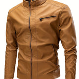 kkboxly  Vintage PU Leather Jacket, Men's Casual Zip Up Stand Collar Faux Leather Jacket For Spring Fall Outdoor
