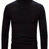 kkboxly Turtle Neck Knitted Slim Fit Sweater, Men's Casual Warm Solid High Stretch Pullover Sweater For Fall Winter