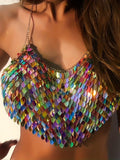 kkboxly  Colorful Sequined Halter Neck Top, Sexy Backless Hanky Hem Crop Club Top, Women's Clothing