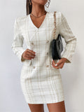 kkboxly Plaid Print Button Detail Dress, Elegant Long Sleeve Dress For Party & Banquet, Women's Clothing