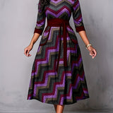 kkboxly  Geo Print Tie Front Dress, Casual Pocket Crew Neck Half Sleeve Dress, Women's Clothing
