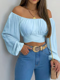 kkboxly  Solid Cross Tie Back Crop Blouse, Casual Off Shoulder Long Sleeve Top, Women's Clothing