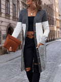 kkboxly  Color Block Button Up Knit Cardigan, Casual Long Sleeve Longline Sweater With Pocket, Women's Clothing