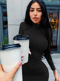 kkboxly  Solid Slim Mock Neck Dress, Casual Long Sleeve Bodycon Dress, Women's Clothing