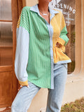 kkboxly  Striped Open Back Shirt, Sexy Color Block Button Down Long Sleeve Shirt, Women's Clothing