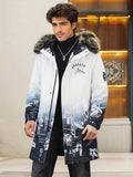 Men's Casual Mountain Print Hooded Warm Thick Jacket, Chic Fleece Lined Coat For Fall Winter